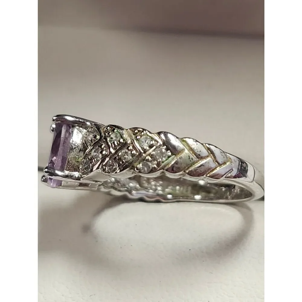 Silver Plated Amethyst Ring with Pavé Accents - Purple Size 6